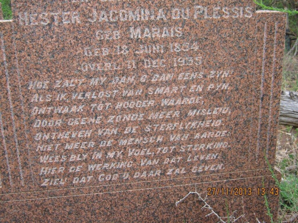 PLESSIS Hester Jacomina, du nee MARAIS 1854-1935