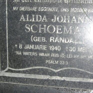 SCHOEMAN Alida Johanna nee RANDALL 1940-2002