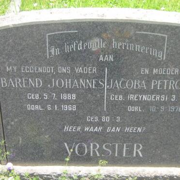VORSTER Barend Johannes 1888-1968 &amp; Jacoba Petronella REYNDERS 1898-1970