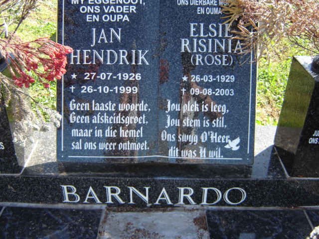BARNARDO Jan Hendrik 1926-1999 &amp; Elsie Risinia 1929-2003