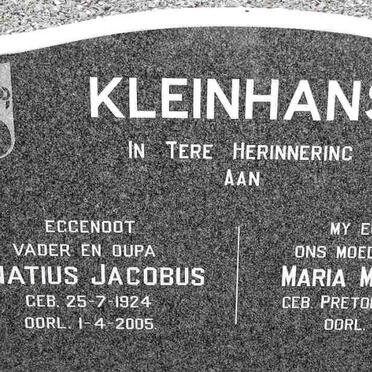 KLEINHANS Ignatius Jacobus 1924-2005 &amp; Maria Magdalena PRETORIUS 1924-1979