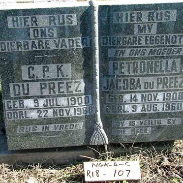PREEZ C.P.K., du 1900-1968 &amp; Petronella Jacoba 1908-1960