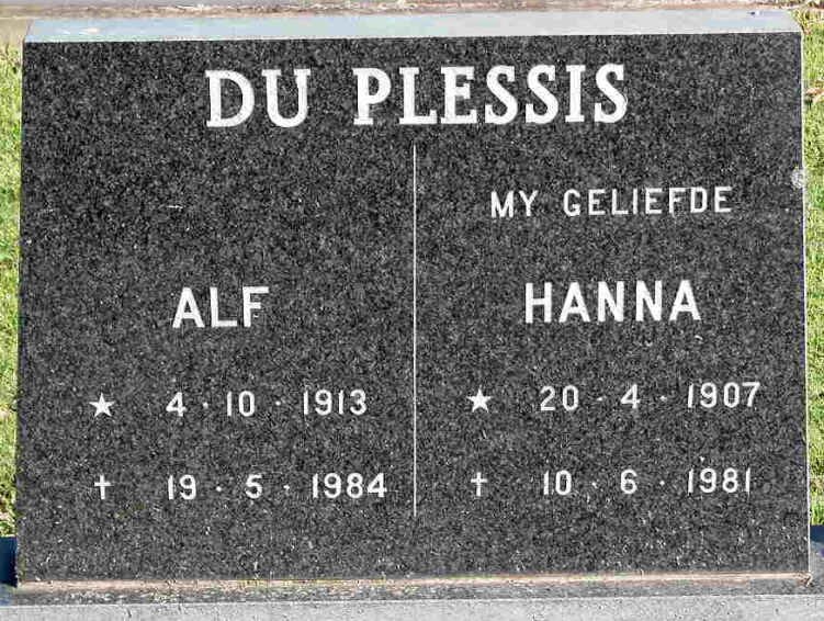 PLESSIS Alf, du 1913-1984 &amp; Hanna 1907-1981