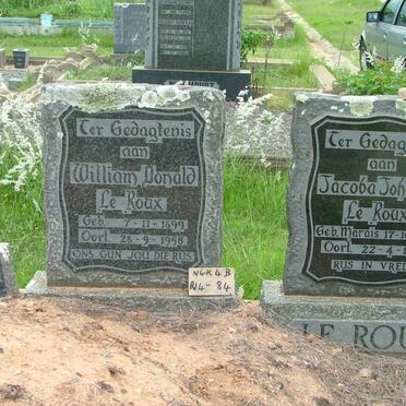 ROUX William Donald, le 1899-1958 &amp; Jacoba Johanna MARAIS 1916-1975