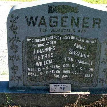 WAGENER Johannes Petrus Willem 1892-1960 &amp; Anna Susanna HAGGARD 1911-1986