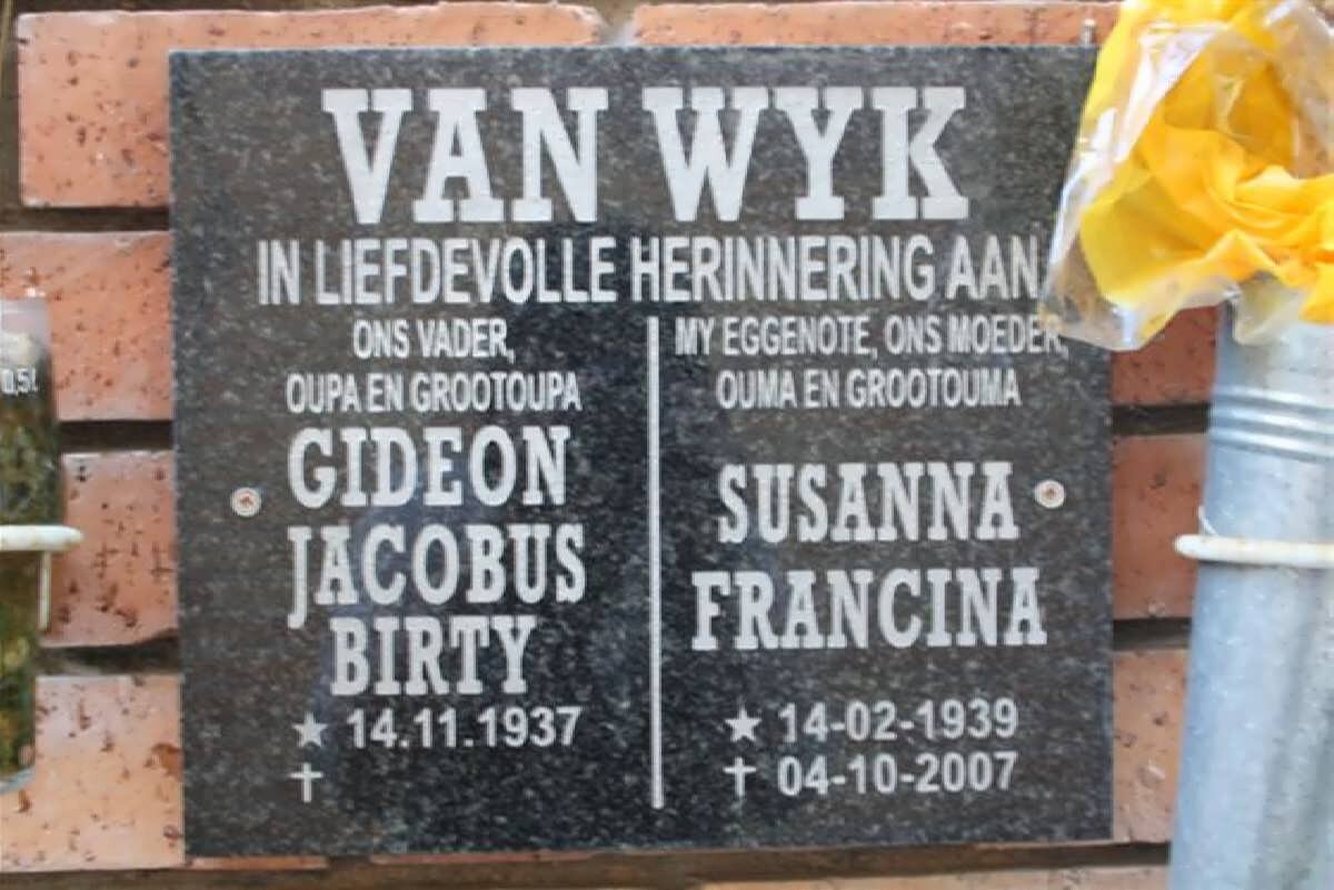 WYK Gideon Jacobus Birty, van 1937- &amp; Susanna Francina 1939-2007