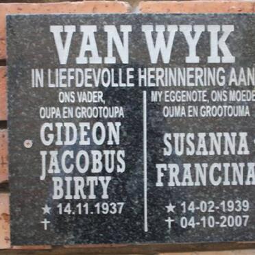 WYK Gideon Jacobus Birty, van 1937- &amp; Susanna Francina 1939-2007