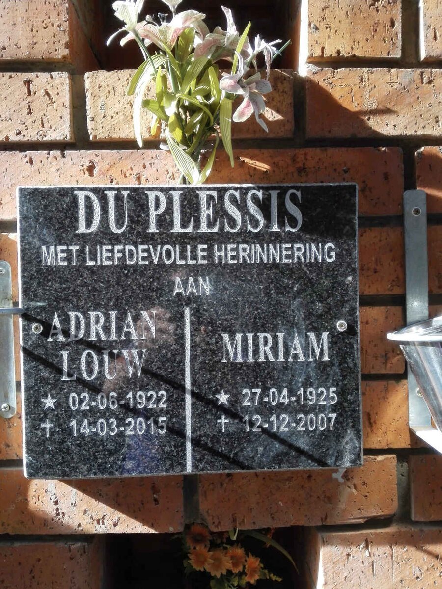 PLESSIS Adrian Louw, du 1922-2015 &amp; Miriam 1925-2007