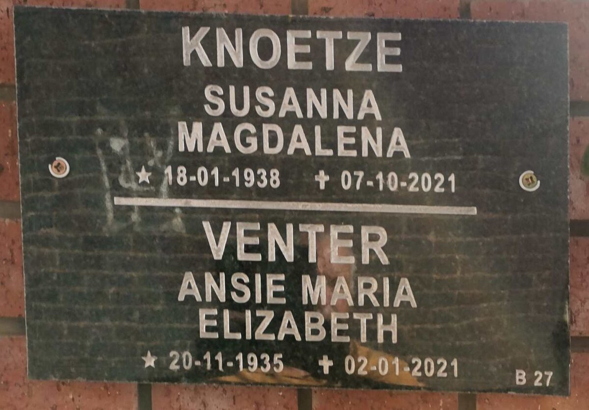 KNOETZE Susanna Magdalena 1938-2021 :: VENTER Ansie Maria Elizabeth 1935-2021
