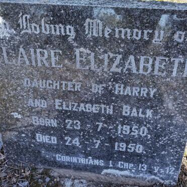 BALK Claire Elizabeth 1950-1950
