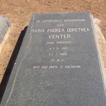 VENTER Maria Andrea Dorethea nee KRUGER 1909-2009