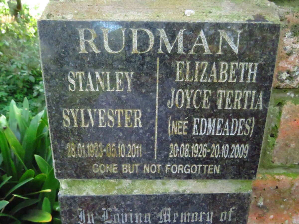 RUDMAN Stanley Sylvester 1923-2011 &amp; Elizabeth Joyce Tertia EDMEADES 1926-2009
