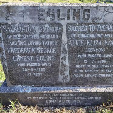 EGLING Frederick George Ernest -1958 &amp; Alice Eliza KENYON -1966 :: NEL Edna Alice -1951