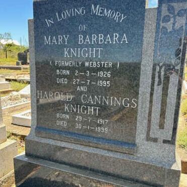 KNIGHT Harold Cannings 1917-1999 &amp; Mary Barbara formerly WEBSTER 1926-1995