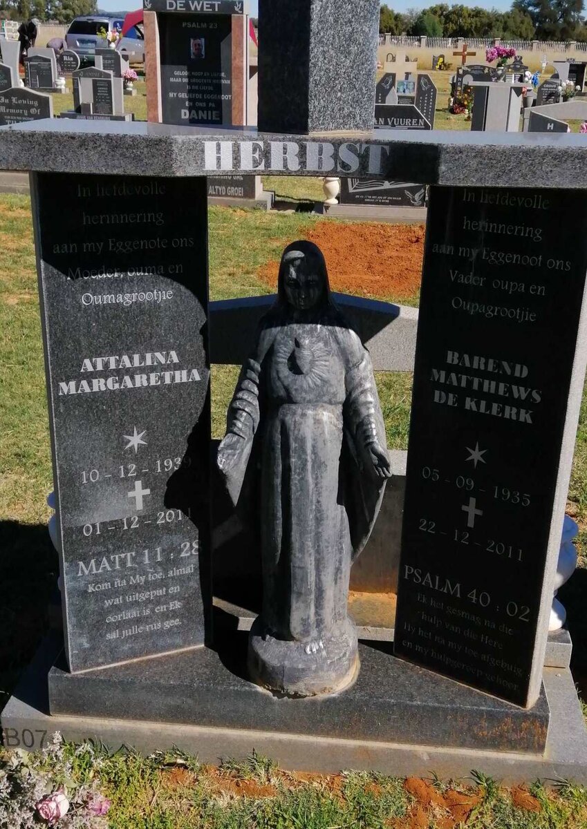 HERBST Barend Matthews de Klerk 1935-2011 &amp; Attalina Margaretha 1939-2011