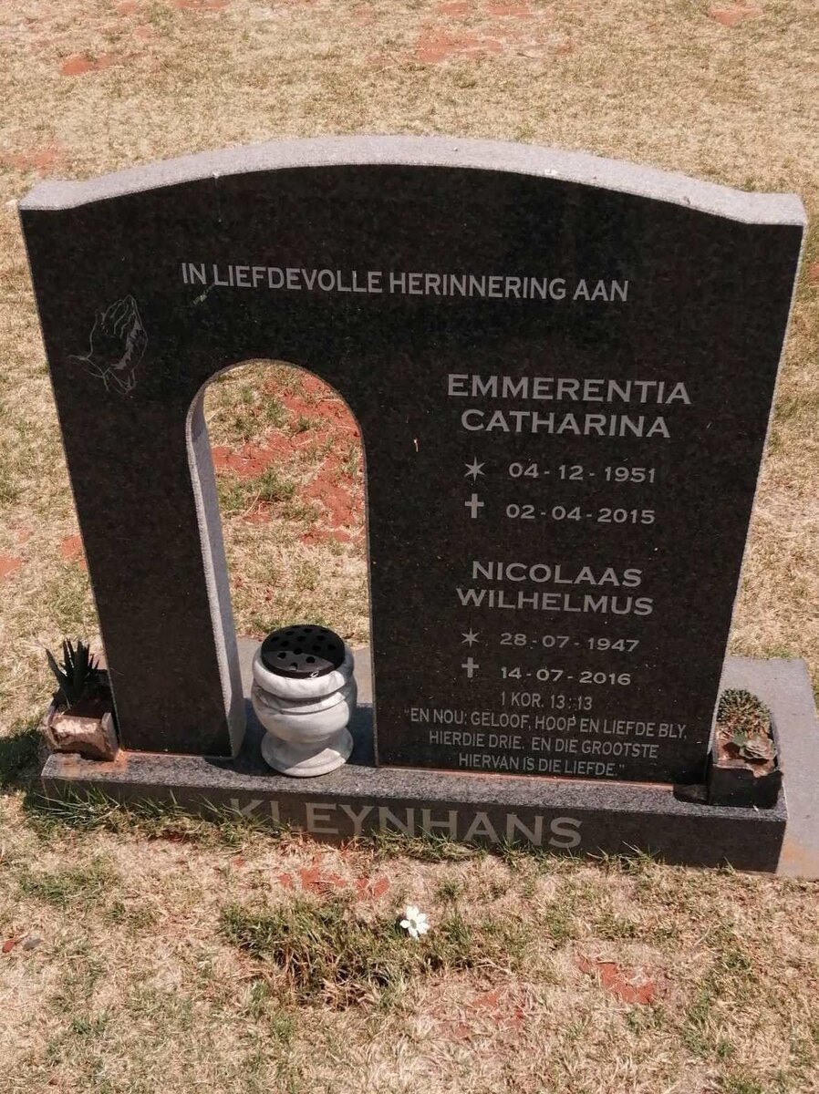 KLEYNHANS Nicolaas Wilhelmus 1947-2016 &amp; Emmerentia Catharina 1951-2015