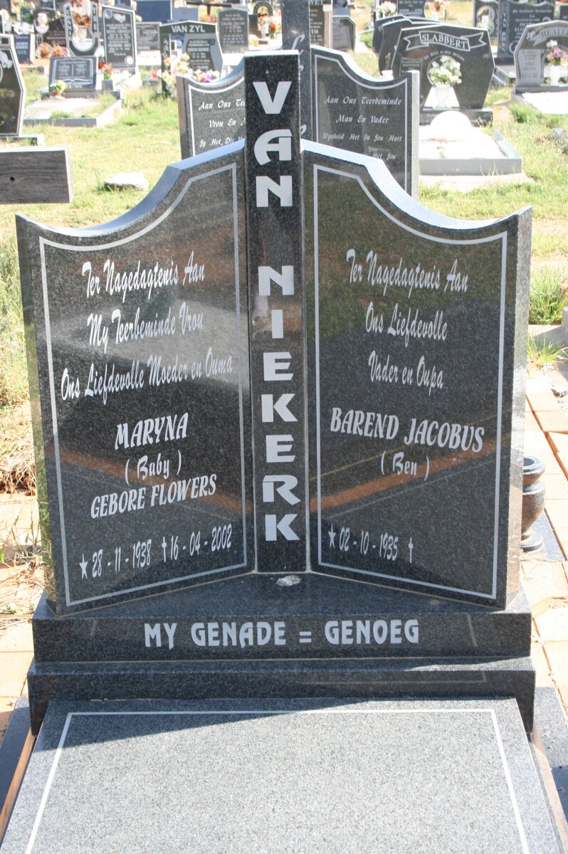 NIEKERK Barend Jacobus, van 1935- &amp; Maryna FLOWERS 1938-2002