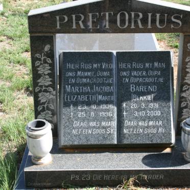 PRETORIUS Barend 1921-2000 &amp; Martha Jacoba Elizabeth 1936-1996