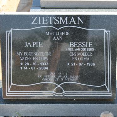 ZIETSMAN Japie 1933-2004 &amp; Bessie VAN DER BERG 1936-