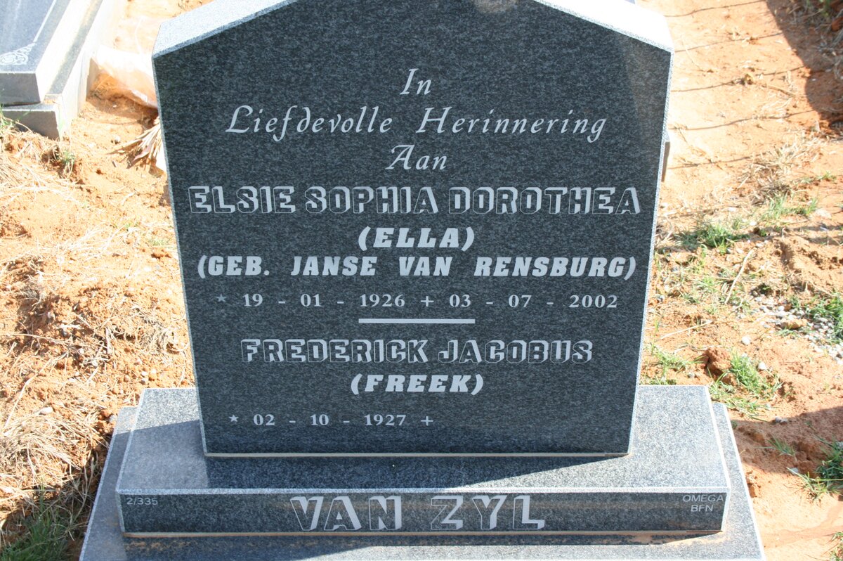 ZYL Frederick Jacobus, van 1927- &amp; Elsie Sophia Dorothea JANSE VAN RENSBURG 1926-2002