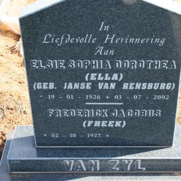 ZYL Frederick Jacobus, van 1927- &amp; Elsie Sophia Dorothea JANSE VAN RENSBURG 1926-2002