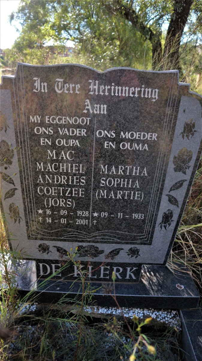 KLERK Machiel Andries Coetzee, de 1928-2001 &amp; Martha Sophia 1933-