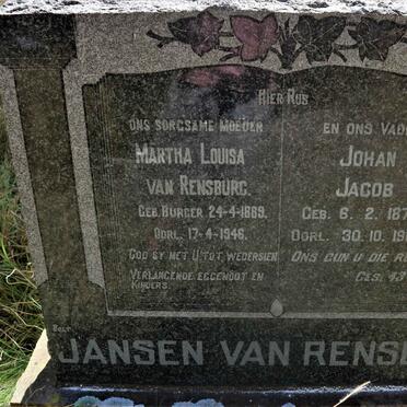 RENSBURG Johan Jacob, Jansen van 1873-1962 &amp; Martha Louisa BURGER 1889-1946