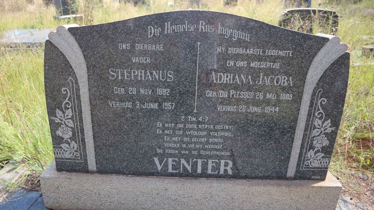 VENTER Stephanus 1882-1957 &amp; Adriana Jacoba DU PLESSIS 1885-1944