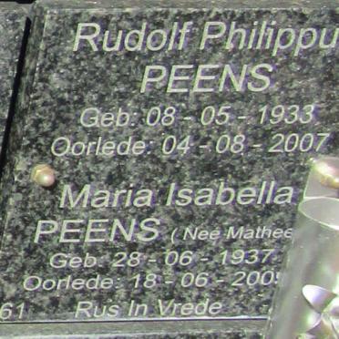 PEENS Rudolf Philippus 1933-2007 & Maria Isabella MATTHEE 1937-2009 