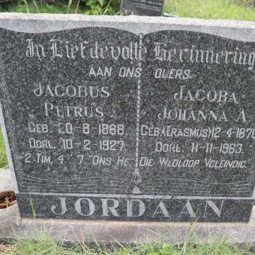 JORDAAN Jacobus Petrus 1868-1927 &amp; Jacoba Johanna A. ERASMUS 1870-1963