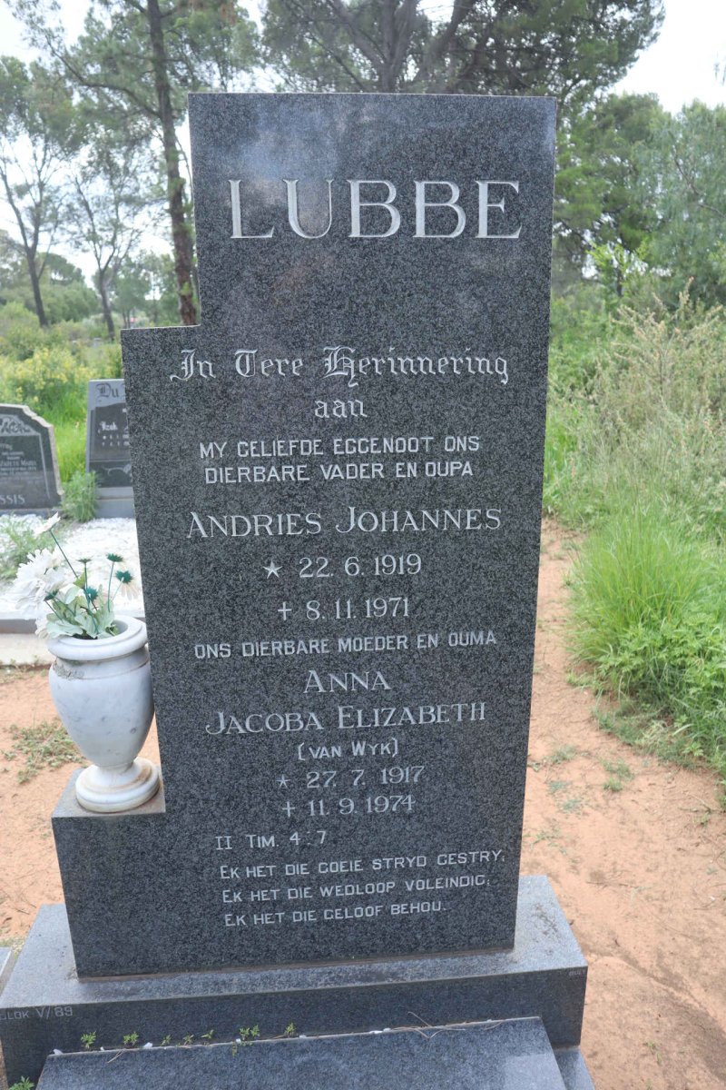 LUBBE Andries Johannes 1919-1971 &amp; Anna Jacoba Elizabeth VAN WYK 1917-1974