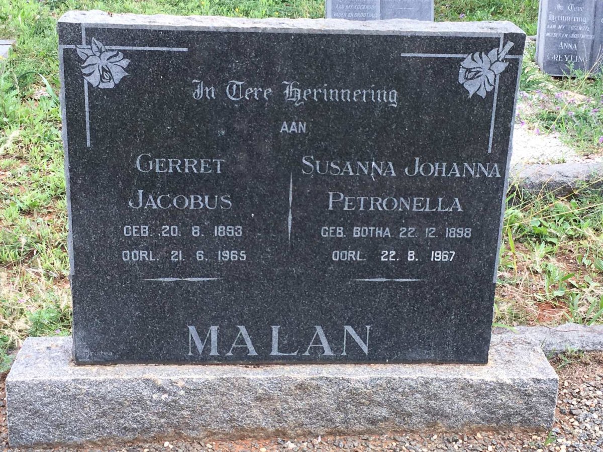 MALAN Gerret Jacobus 1893-1965 &amp; Susanna Johanna Petronella BOTHA 1898-1967