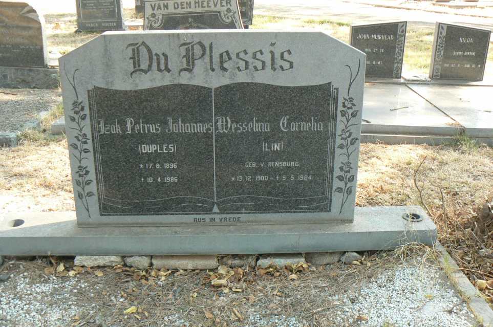 PLESSIS Izak Petrus Johannes, du 1896-1986 &amp; Wesselina Cornelia V. RENSBURG 1900-1984
