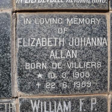 ALLAN Elizabeth Johanna nee DE VILLIERS 1908-1989
