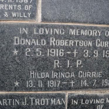 CURRIE Donald Robertson 1916-1976 &amp; Hilda Iringa 1917-1980