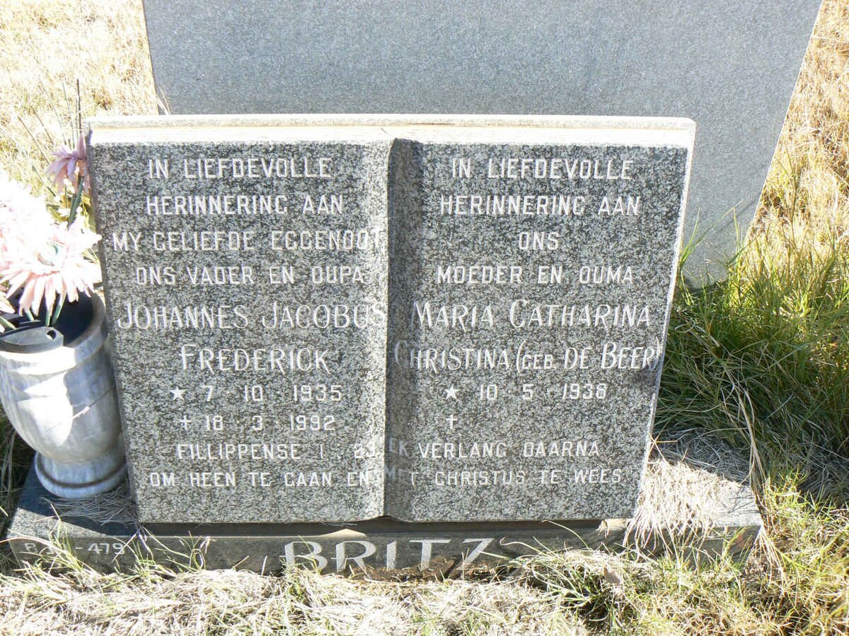 BRITZ Johannes Jacobus Frederick 1935-1992 &amp; Maria Catharina Christina DE BEER 1938-