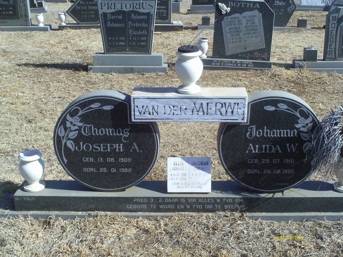 MERWE Thomas Joseph A., van der 1908-1988 &amp; Johanna Alida W. 1910-1995 :: VAN DER MERWE Jacobus ?- &amp; Ellie 1950-2004