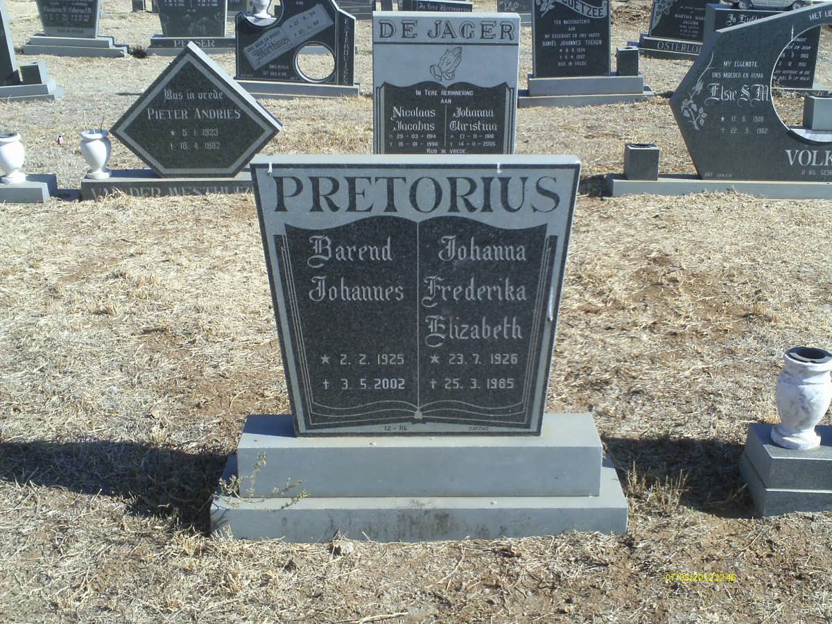 PRETORIUS Barend Johannes 1925-2002 &amp; Johanna Frederika Elizabeth 1926-1985