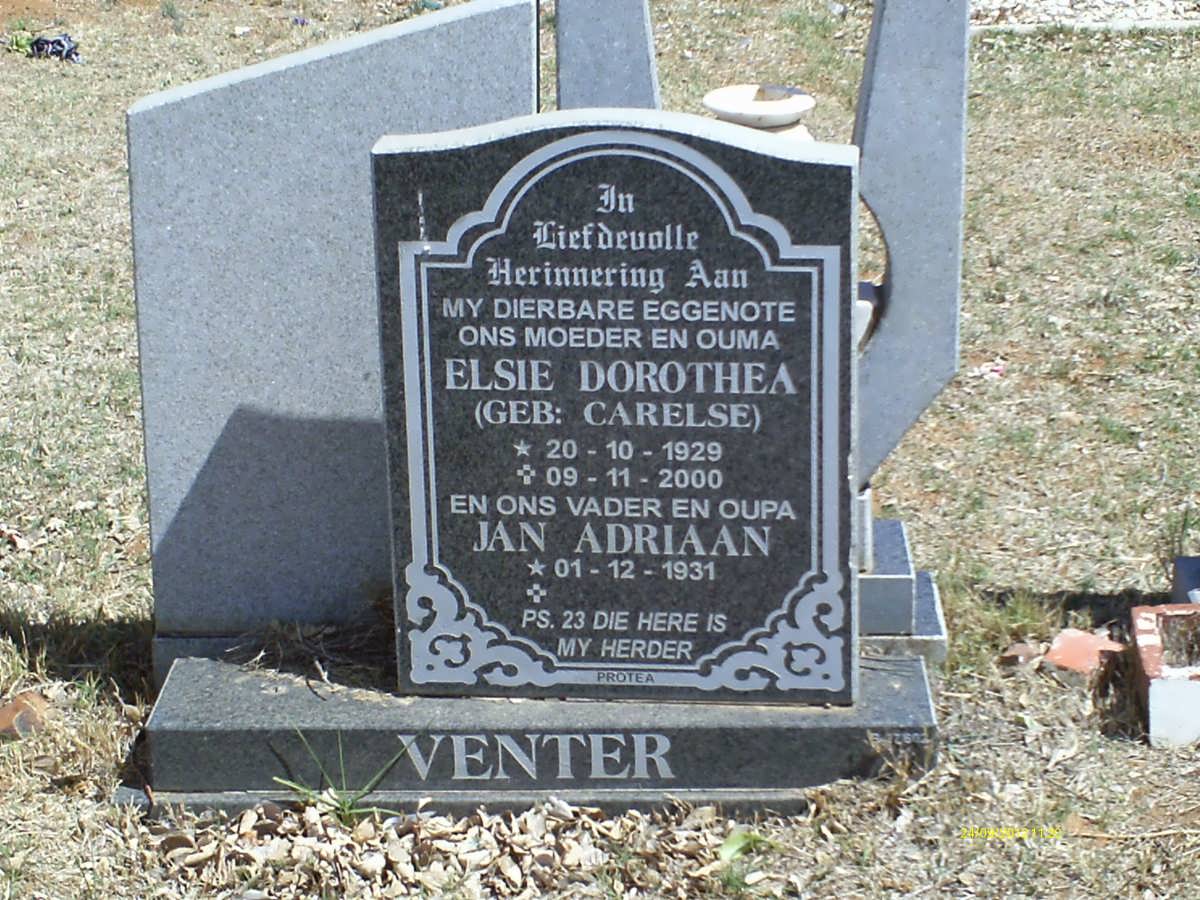 VENTER Jan Adriaan 1931- &amp; Elsie DOROTHEA nee CARELSE 1929-2000
