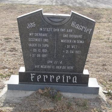 FERREIRA Jos 1921-1997 &amp; Magriet DE WET 1922-