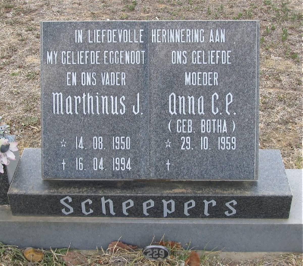 SCHEEPERS Marthinus J. 1950-1994 &amp; Anna C.E.  BOTHA 1959-