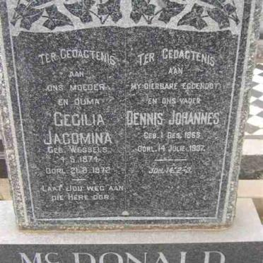 McDONALD Dennis Johannes 1868-1937 &amp; Cecilia Jacomina  WESSELS 1874-1972