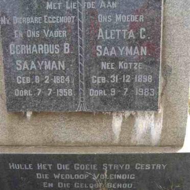 SAAYMAN Gerhardus B. 1884-1958 &amp; Aletta C. KOTZE 1898-1983