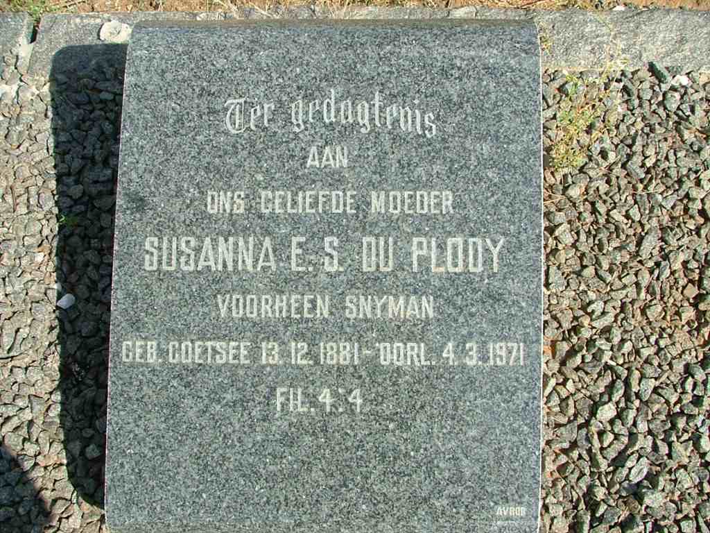 PLOOY Susanna E.S., du previously SNYMAN nee COETSEE 1881-1971