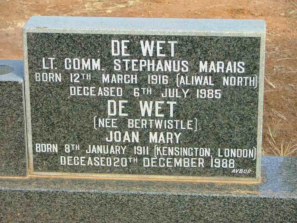 WET Stephanus Marais, de 1916-1985 &amp; Joan Mary BERTWISTLE 1911-1988