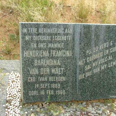WALT Hendriena Francina Barendina, van der nee VAN HEERDEN 1889-1960