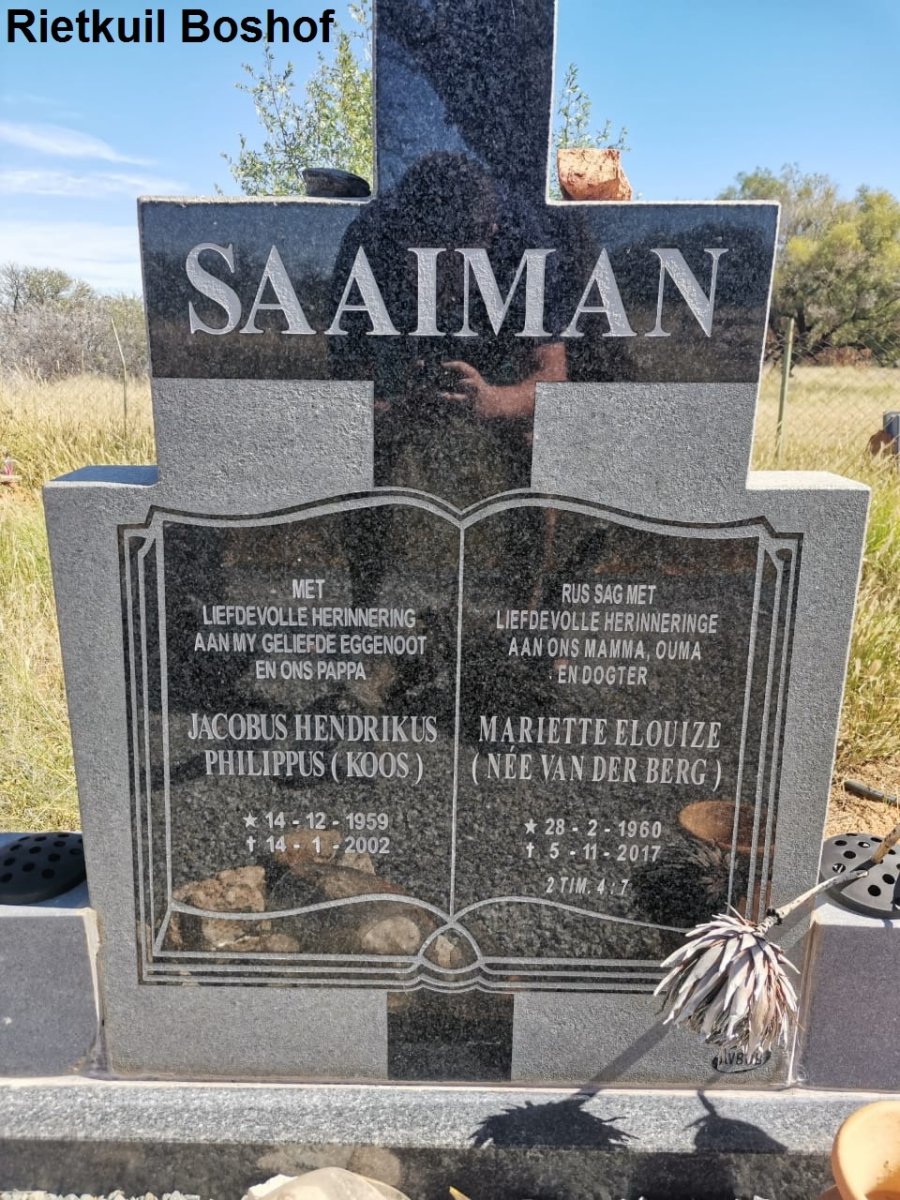 SAAIMAN Jacobus Hendrikus Philippus 1959-2002 &amp; Mariette Elouize VAN DER BERG 1960-2017