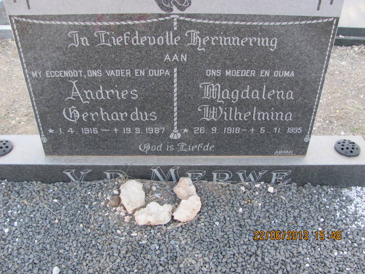 MERWE Andries Gerhardus, v.d. 1916-1987 &amp; Magdalena Wilhelmina 1918-1995