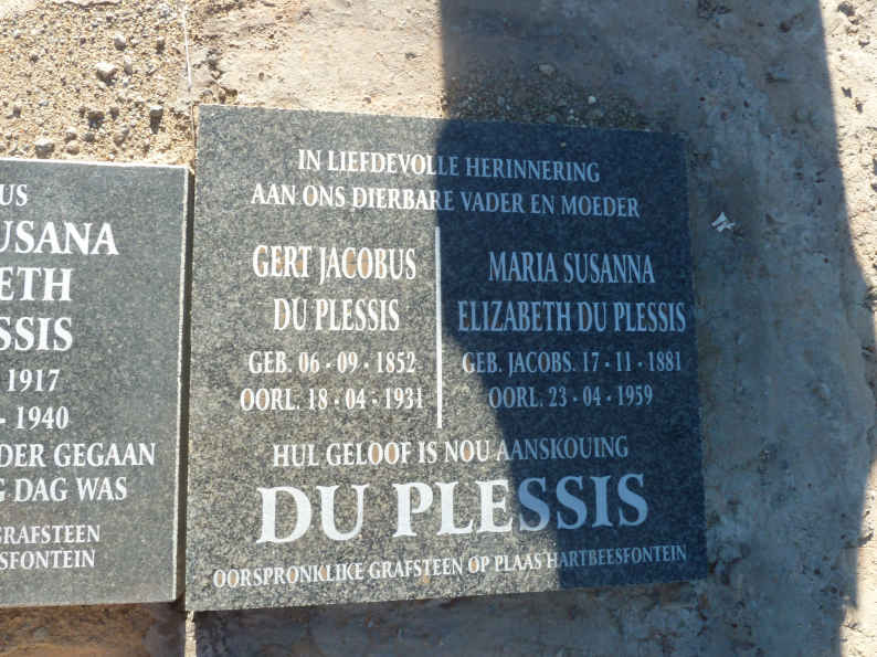 PLESSIS Gert Jacobus, du 1852-1931 &amp; Maria Susanna Elizabeth JACOBS 1881-1959
