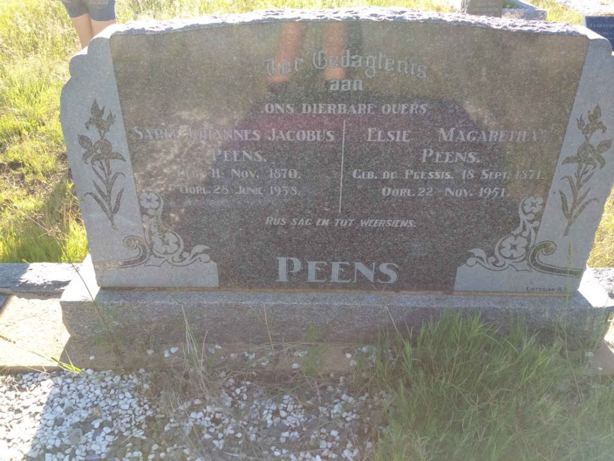PEENS Sarel Johannes Jacobus 1870-1938 &amp; Elsie Magaretha DU PLESSIS 1871-1951